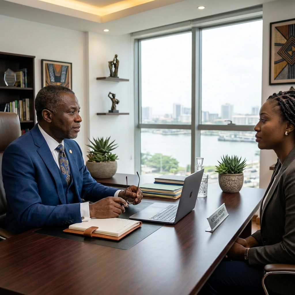 Executive man in suit sitting at desk with laptop and notebook in office