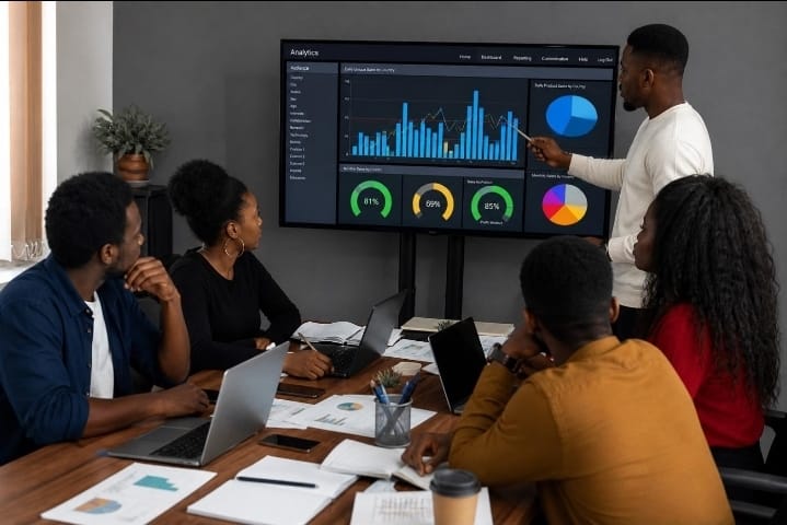 Kenyan business team collaborating on marketing strategy